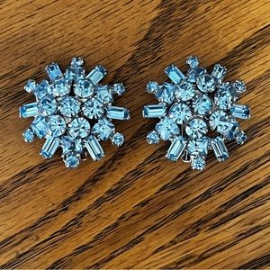 Vintage Rhinestone Earrings Icy Light Blue Holiday Bling Clip On